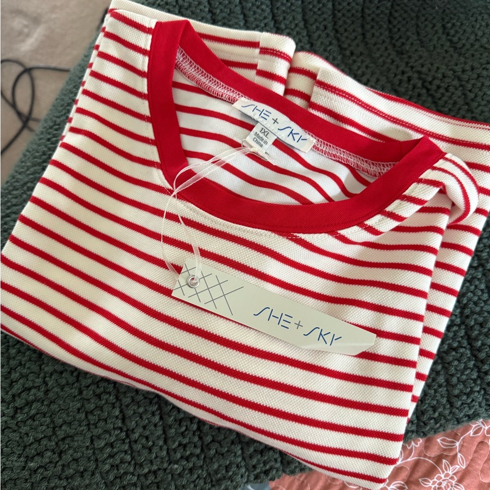 She + Sky Striped Red and White Tee